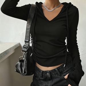 TEMU 여성 슬림핏 긴팔 V넥 후드 드로스트링 티셔츠, 지퍼 디자인 + 커프 엄지 버클 디자인, 패셔너블 캐주얼 아우터 탑 및 세탁기 사용 가능