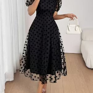 TEMU BK1203002 우아한 단색 여성 패션 폴카 도트 메쉬 라운드 넥 랜턴 슬리브 반팔 허리 슬림핏 미디 원피스