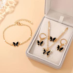 TEMU 4pcs 여성용 새로운 주얼리 세트 - 우아한 여성 패션 주얼리 세트 - 반짝이는 나비 목걸이, 로즈 골드 매칭 귀걸이 및 반지, 발렌타인데이, 결혼식, 어버이날에 적합 | 특별한 날을 위한 이상적인 선물, 나비 주얼리 세트