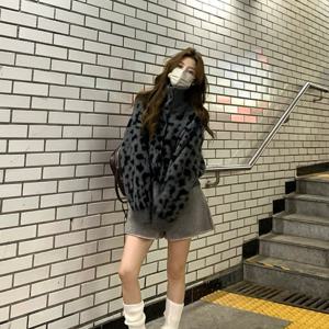 TEMU 고급 레트로 스탠드업 칼라 프린트 가디건 퍼 칼라 코트 여성용 루즈 스웨터 탑
