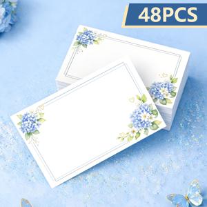 TEMU 48개 파란 수국 수채화 일러스트 빈 인사말 카드 | 9x5.4cm, 축하, 휴일, 행운, 감사, 설날, 개인 맞춤 초대장 포켓, 빈 종이로 다용도 사용 가능