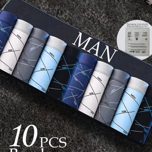 TEMU 10개 랜덤 남성용 드로즈, 라인 컬러 블록 기하학 패턴 및 레터 프린트. 간편하고 스타일리시하며 편안한 캐주얼 스타일