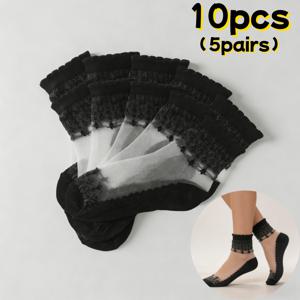TEMU 여성용 봄/여름 투명 레이스 중목 양말 5켤레 10켤레, 얇은 메쉬 통기성 쿨링 미끄럼 방지 데일리 캐주얼 스포츠 발목 양말, 여성용 애슬레틱 캐주얼 양말, 아웃도어 레저 양말