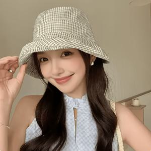 TEMU 여성용 체크무늬 롤업챙 버킷햇, 봄 여름용 활용도 높은 신선한 스타일의 모자, 나들이, 쇼핑, 하이킹 및 기타 야외 활동에 적합, 베레모로도 알려짐