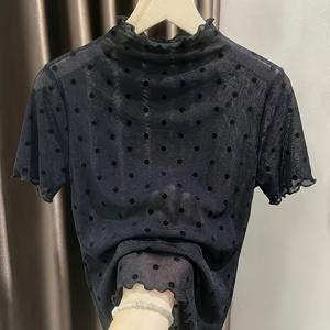 TEMU 여성용 블랙 폴카 도트 메쉬 반팔 베이스 레이어 탑, 여름 하프 하이넥 러플 시스루 거즈 블라우스, 스타일리시 안감 레이어링 탑