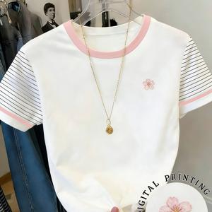 TEMU 여성용 핑크 반팔 티셔츠 - 캐주얼웨어용 - 부드럽고 피부에 자극 없는 블라우스와 함께 입기 좋은 상의, 은은한 포함, 체형에 잘 어울리며 레이어링 또는 데일리룩용으로 세탁기 사용 가능인 셔츠