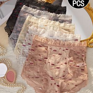 TEMU 여성용 섹시 하이웨이스트 레이스 팬티 5팩, 복부 제어 허리 뚫린 통기성 속건성 탄성, 여성 란제리 및 속옷