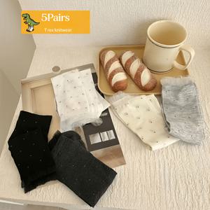 TEMU 5켤레 여성용 경량 통기성 미드 카프 양말, 귀여운 물방울 무늬 통기성 얇은 여름 양말, 부드러운 탄성 레이스 스타킹