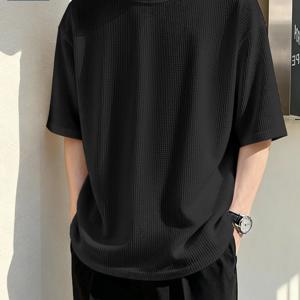 TEMU GENIO LAMODE 남성용 220G 와플 라운드넥 반팔 티셔츠, 여름 통기성 좋은 루즈핏, 텍스처감과 피부 친화적인 편안한 상의