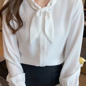 TEMU 여성을 위한 프랑스식 타이 넥 긴팔 셔츠, 폴리에스터 95% 스판덱스 5% 단색, 봄/가을 시즌용 정규 길이 직조 셔츠