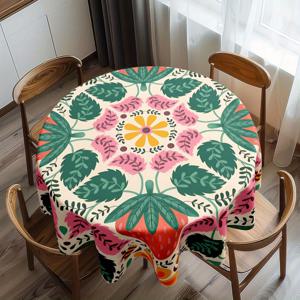 TEMU 1pc 딸기 및 꽃 테이블 클로스, 61x61 인치 - 밝은 핑크, 녹색 및 오렌지 패턴, 폴리에스터 섬유, 기계제작, 실내/실외 식사, 피크닉 및 파티용 원형 디자인, 식사 액세서리 | 밝은 테이블 세팅 | 내구성 있는 테이블 클로스