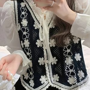TEMU 프레피 스타일 후크 레이스 할로우 베스트 여성 봄 일본산 게으른 스타일 겉옷