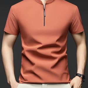 TEMU 여름 남성 중년 단색 반팔 티셔츠, 6가지 사이즈, 나일론 심리스 지퍼 소형 스탠드업 칼라 캐주얼 반팔 티셔츠