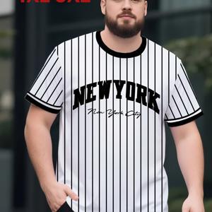 TEMU 플러스 사이즈 남성 티셔츠 4-9XL 블랙 앤 화이트 뉴욕 프린트, 통기성 좋은 라운드넥 반팔, 여름용, 스타일리시한 야구 스타일, 신축성 있는 루즈핏으로 몸에 압박을 주지 않음