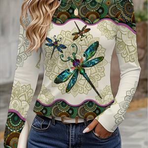 TEMU Dragonfly 디자인 센스 할로우 아웃 우아한 컬러 패턴 전체 프린트 그래픽 프린트 티셔츠, 긴소매 라운드넥 캐주얼 탑, 봄 가을 시즌, 여성 의류 - 085 포지셔닝