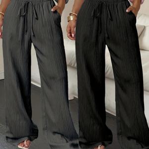 TEMU 여성용 와이드 레그 팬츠 세트 2pcs - 포켓이 있는 솔리드 컬러 트라우저, 세탁기 사용 가능 사계절 캐주얼 의상, 연중 착용 가능한 풀 레그 바지 (스트레치 없음)