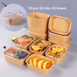 TEMU 크라프트 종이 샐러드 보울 50팩 (뚜껑 25개+박스 25개), 직사각형 테이크아웃 용기, 캐주얼 수프 도시락, 피크닉 음식 보관용기