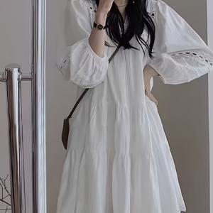 TEMU 고급스러운 부드러운 긴팔 할로우 아웃 스타일 여성용 신상 니치 디자인 레이스 패치워크 A라인 스커트