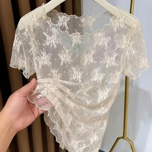 TEMU 새로운 여성용 시스루 라지 라운드 넥 레이스 베이스 레이어 탑, 경량 시스루 반팔 메쉬 블라우스