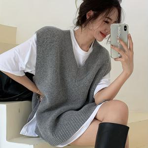 TEMU 캐주얼 빈티지 민소매 V넥 조끼, 편안한 핏과 옆트임