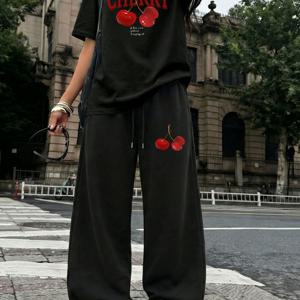 TEMU 여성용 캐주얼 체리 빈티지 프린트 크루넥 반팔 상의와 루즈핏 드로스트링 긴바지 투피스 세트, 여성용 트렌디한 의상, 여름 스트리트웨어용