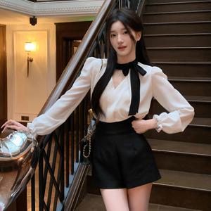TEMU 보우 타이가 달린 달콤한 긴팔 셔츠와 하이웨이스트 반바지로, 부드러운 봄/여름룩에 완벽