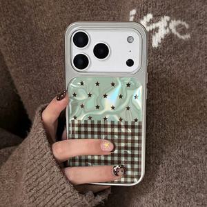 TEMU 초콜릿 스타 체크무늬 배경 고급 트렌디 패턴 휴대폰 케이스, 아이폰 17/17 Pro Max/17 Air/16 Pro Max/15 Pro/14 Plus/13 Pro Max/12 Pro/11 호환, 낙하 방지 및 내구성, 레진 드립, 고급스럽고 스타일리시한 전기도금 보호 커버