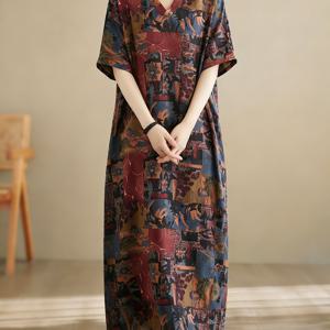 TEMU 오버사이즈 루즈핏 컬러블록 V넥 추상미술 에스닉 프린트 롱 튜닉 드레스