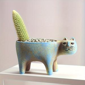TEMU 귀여운 고양이 모양 화분, 고기 향, 화분용 세라믹 창의적 쉬운 원숭이 꼬리 기둥 선인장 화분, 만화 동물 정원 가꾸기 선물, 홈 데코