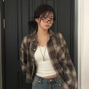 TEMU 2025년 신상 여름 봄 레트로 체크 셔츠 여성 디자인 루즈핏 캐주얼 다용도 니치 긴팔 탑 재킷