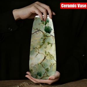 TEMU 1개 세라믹 꽃병, 흰색 배경에 녹색 및 노란색 꽃무늬, 거실 서재용 수제 페인팅 홈 데코, 크리스마스 휴일 장식, 우아하고 아름다운 완벽한 선물, 집들이 선물, 모던 인테리어 디자인, 꽃꽂이 디스플레이
