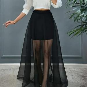 TEMU 여성용 신상 여름 2피스 세트: 오프숄더 컷 원숄더 버블 슬리브 탑과 맥시 스커트. 시스루 메쉬 맥시 스커트가 있는 니치 디자인 2-in-1 룩. 부드럽고 순수하며 욕망을 불러일으키는 하이웨이스트 흐르는 듯한 A라인 거즈 스커트 2피스 세트