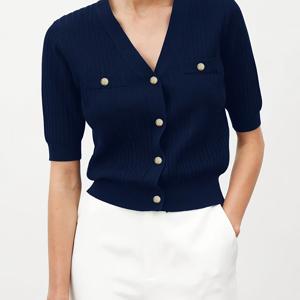 TEMU 여성용 우아한 V넥 솔리드 컬러 가디건, 봄/여름 신상, 아이스 파이버 소재, 반팔 버튼 디테일 디자인, 레귤러 숄더 탑 포켓 장식, 숏 프렌치 스타일 빈티지 패션 멀티탑