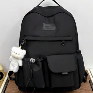 TEMU 곰 펜던트 장식 대용량 캐주얼하고 스타일리시한 블랙 백팩 1개, 일상용, 학교용, 나들이용으로 적합. 십대, 여대생, 중고등학생을 위한 대용량 학교 백팩. 신학기, 대용량, 휴대용, 노트북 수납공간 포함. 십대, 여대생, 남성에게 적합. 대학, 초등학교, 중학교, 고등학교, 직장, 비즈니스, 통근, 야외, 여행, 나들이용