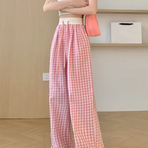 TEMU Sweet Pink Plaid Relaxed Stroll Pants, Comfortable for Both Home and Outdoor Wear, Elastic High-Waist Flattering Drop-Crotch Casual Trousers, Everyday Commuter Wide-Leg Pants