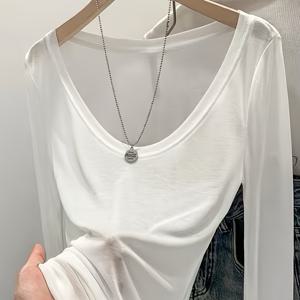 TEMU 텐셀 얇고 약간의 쉬어남, 바디라인을 강조하는 U넥 베이스 레이어 셔츠, 여성용 캐주얼 긴팔 탑, 봄/가을에 디자인 감각이 돋보이는 착용감