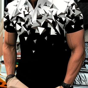 TEMU 독특한 3D 기하학적 삼각형 패턴이 있는 남성용 반팔 셔츠 – 캐주얼, 스타일리시, 폴리에스터, 세탁기 사용 가능, 여름용