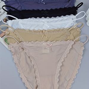 TEMU 5pcs 섹시한 일본 스타일 아이 슬리키 팬티 여성용 스트랩, 통기성, 낮은 라이즈 레이스 트림, 편안하고 부드러운 속옷, 여성용 팬티
