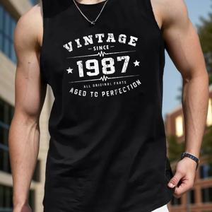 TEMU 남성용 빈티지 1987 스탠다드 사이즈 조끼 - 캐주얼 라운드넥 여름용 민소매 탑, 레트로 80년대 스타일, 80년대 테마 파티 & 캐주얼 복장용 세탁기 사용 가능 - 향수를 불러일으키는 1987년 의류