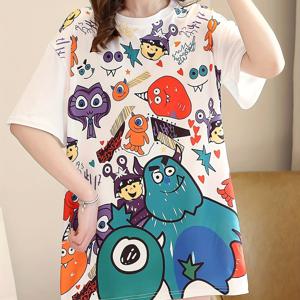 TEMU 여성용 플러스 사이즈 루즈핏 캐릭터 프린트 티셔츠 - 생기발랄한 반팔 라운드넥 탑, 통기성 중간 신축성 원단, 긴 소매 캐주얼 여름 봄 가을 기계 세탁 가능, 여성 티셔츠, 일상복, 유쾌한 패턴, 스트레치 소재, 프린팅 셔츠, 재미있는 의류