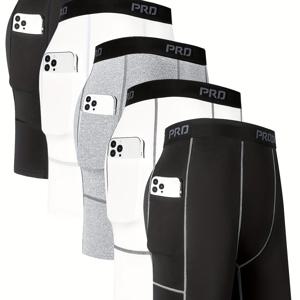TEMU 남성용 압박 트레이닝 쇼츠 5pcs - 포켓 포함, 빠른 건조 성능, 타이트핏 헬스 쇼츠 (러닝, 농구, 복싱용) | 사계절 운동 및 캐주얼 웨어 | 스포츠 장비용 압박 팬츠 (세탁기 사용 가능)