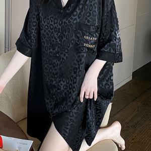 TEMU 아이스 나이트가운 여성 여름 반팔 자카드 캐주얼 섹시 셔츠 루즈핏 잠옷 외출복 스타일 홈웨어