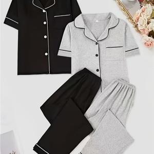 TEMU 2pcs 세트, 블랙 & 그레이 조합 턴칼라와 체스트 포켓이 있는 슬리키 파이버 원단 반팔 롱팬츠 홈웨어, 봄/가을 라운지웨어