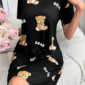 TEMU 여성용 베어 & 레터 파자마 드레스 - 반팔 야간복, 비대칭 라인 슬립웨어, 라운드넥 티셔츠 드레스, 봄 여름용, 세탁기 사용 가능한 슬립웨어