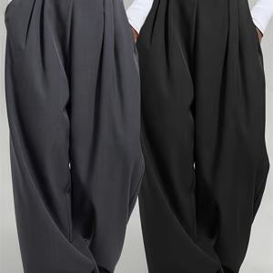 TEMU 2pcs 여성용 와이드 레그 팬츠 - 하이웨이스트, 신축성 있는 허리끈, 단색(핑크 & 남색), 루즈핏, 봄/여름/가을에 편안함, 캐주얼 & 우아한 스타일, 올시즌 팬츠 | 하이웨이스트 팬츠 | 신축성 있는 허리끈 팬츠