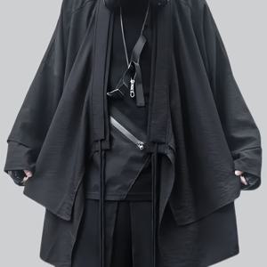 TEMU 순수한 블랙 심플 편안한 소프트 카디건 루즈핏 롱셔츠 코트 롱슬리브 크로스타이 패션 캐주얼 웨어 남성복 스트리트 스타일 트렌치 코트