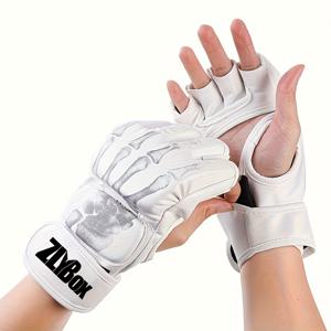 TEMU 전문 복싱 장갑 - 훈련용, 오픈 팜 디자인 (노출된 손가락 1st Metacarpal), 복싱, 격투 스포츠용 - 내구성 좋은 글러브, 화이트/블랙, 패셔너블한 외관, 강화된 스티칭, 부드러운 질감, 견고한 구조