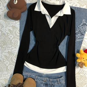 TEMU 스팟 퍼스 디저 스타일 페이크 투피스 긴팔 버튼 하프 오픈 칼라 베이스 셔츠 여성 가을/겨울 한국 스타일 스위트 앤 스파이시 대학 스타일 슬림핏 허리 컬러 매칭 편안한 안감 티셔츠 디자인 센스 니치 패션 유니크 캐주얼