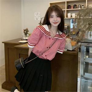 TEMU 여성 세일러카라 체크 셔츠 반팔 블라우스 깅엄체크 퍼프소매 배색 벌룬소매 팔뚝커버 러블리 하이틴룩 스쿨룩 데이트룩 시원한 여름 상의 레드