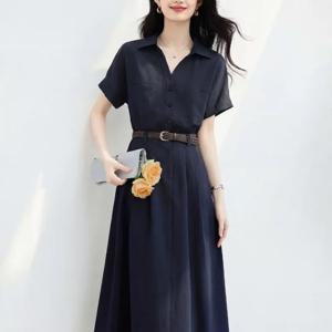 TEMU 여성용 반팔 기품 있는 셔츠 칼라 원피스 26 여름 신상 기품 있는 출퇴근용 슬림핏 A라인 스커트